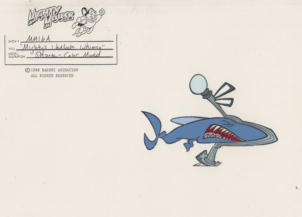 Cel of Shark from New Adventures of Mighty Mouse: Original Production Cel of the Shark from The New Adventures of Mighty Mouse. (Bakshi Animation, 1987) Final color model cel of The Shark running into a light pole, from the episode, "Mighty's Wedlock