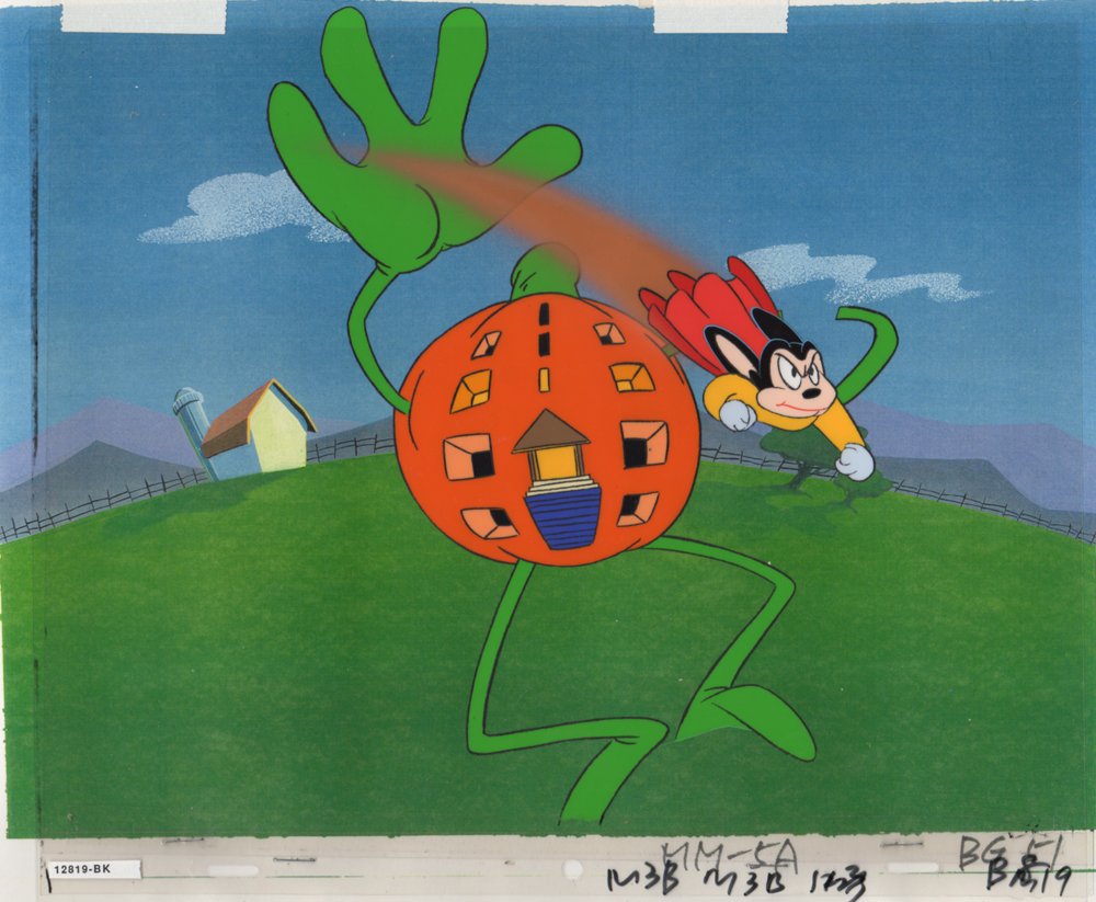 Multi-Cel Production Setup of Mighty Mouse: Original Multi-Cel Production Setup of Mighty Mouse from The New Adventures of Mighty Mouse. (Bakshi Animation, 1987) Two-cel production setup of Mighty Mouse being pursued by a Giant Pumpkin that has