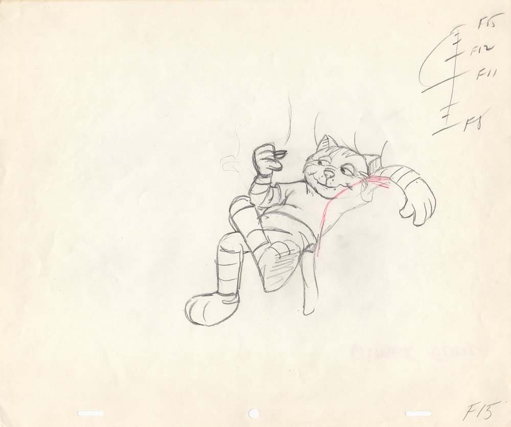 Nine Lives of Fritz the Cat Production Drawing: Original Production Drawing from The Nine Lives of Fritz the Cat. (American International Pictures, 1974) Features Fritz lounging and looking at a lit joint. Drawn in graphite and red pencil on 10.5 i