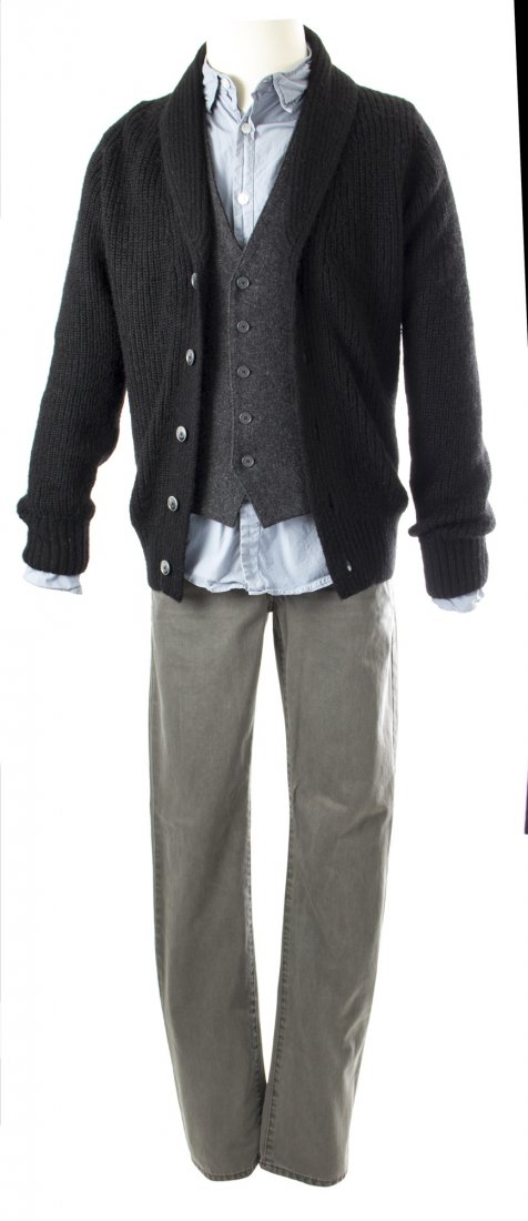 Mikael Blomkvist Costume from Girl with the Dragon: John Varvatos brand charcoal gray tweed wool vest, Scotch & Soda brand gray denim jeans, Steven Alan brand blue long-sleeved collar shirt, and Paul Smith brand black knit cardigan with shawl collar wo