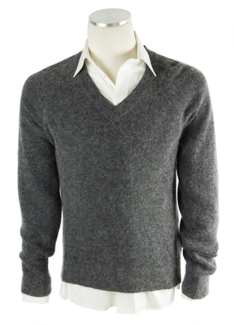 Henrik Vanger Costume from The Girl with the Dragon: Hero Eton brand cream long-sleeved collar shirt and Our Legacy brand gray mohair knit sweater worn by Henrik Vanger, as portrayed by Christopher Plummer, in The Girl with the Dragon Tattoo (Columbia P
