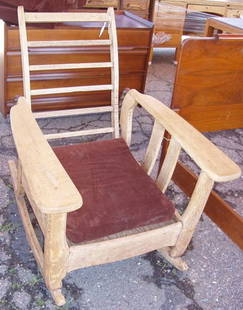 Antique Oak Morris Rocker: Its been refinished but needs stain & finish. 32 1/2"w x 38"d x 40"h. Custom Crating & Shipping Available.