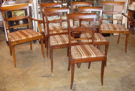 7 Art Deco European Dining Room Chairs: 5 Side Chairs: 25"w x 20 1/2"d x 37"h. 2 Armchairs: 18 1/2"w x 16"d x 36 1/2"h. See our other listings for the matching Table, Buffet, Server and China Cabinet. Custom Crating & Shipping