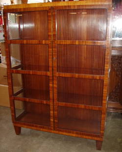 European Art Deco Rosewood China Cabinet: Mahogany shelves. 47"w x 15 1/4"d x 65"h. Overall good condition with a few small veneer chips. I have the key for the lock. See our other listings for the matching Table, Chairs, Buffet