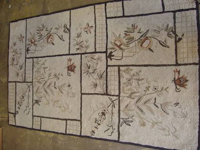 American Hook Rug: Hand made in good condition. Shows some wear on one corner. Needs Cleaning. 36 1/2"w x 61"h.
