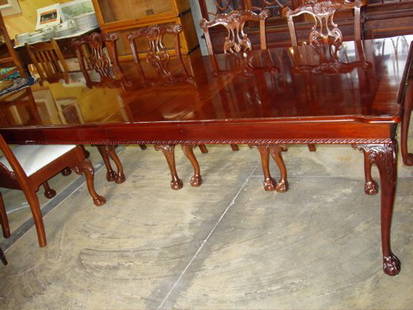 American Drew Co. Dining Room Table: Contemporary reproduction claw & ball footed Chippendale style. Two leaves. Table w/o Leaves: 72"w x 43 1/4"h x 30 1/2"h. Table with Leaves: 109"w x 43 1/4"h. x 30 1/2"h. This Item Has