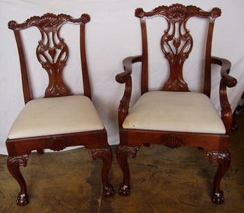 American Drew Co. Dining Room Chairs: Contemporary reproduction claw & ball footed Chippendale style 8 Side Chairs & 2 Arm Chairs. Fabric on 6 chairs should be cleaned. Side Chairs: 23 1/2"w x 20"d x 40"h. Arm Chairs: 26"w x 20"d