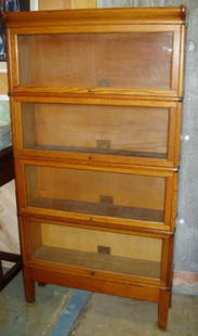 Golden Oak Lawyer Stacking Bookcase Cabinet: Golden Oak Globe Wernicke Lawyer Stacking Bookcase. Four stacking cabinets. Easy to break down for shipping. Slight water marks on bottom of legs. Solid construction. Overall good