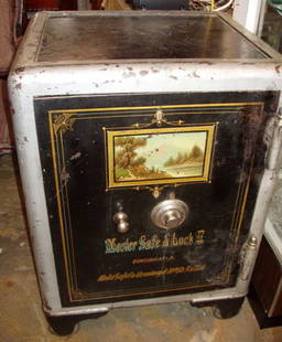 Central City, CO Mosler Combination Safe: Fitted interior and hand painted front door. Opens & closes with ease. It is missing the turn latch handle that screws in Nickel Steel Mount. At one time, the hinges were re-wielded. This is out