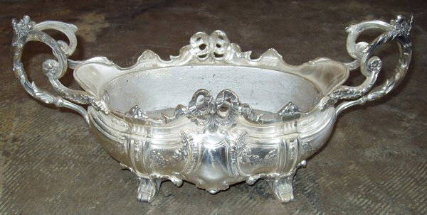 Signed Silver Handled Center Piece: Signed "Depose No. 363. Missing one handle on insert. Cast metal with Silver applied. 15"w x 6"d x 6 1/4"h.