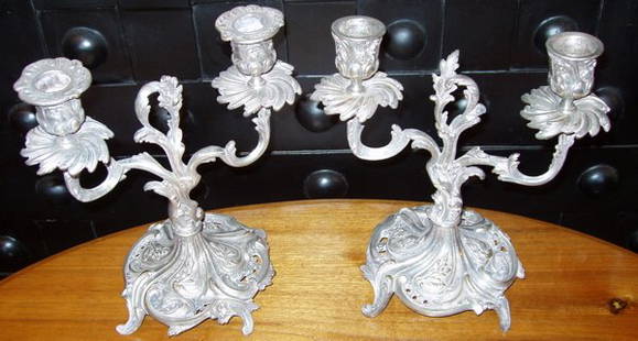 Candelabras European Style Cast Metal: Solid construction. No marks. The silver shows wear. 8"w x 6 1/2"d x 9"h.
