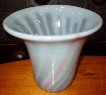 Signed Art Glass Vase: Signed "San Juan by Stan Weikal". Beautiful red vertical vein. 5 3/4"dia x 5 1/2"h.