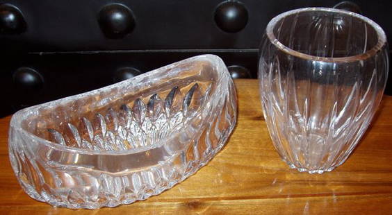Crystal Vase & Banana Boat: Vase: 4"dia x 5 3/4"h. Boat: 9"w x 4 1/4"d x 4"h.