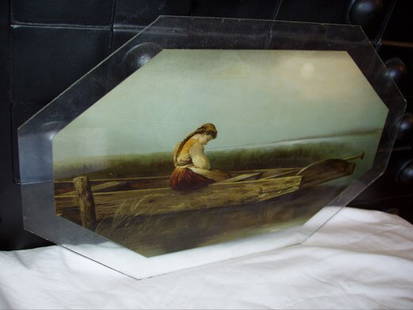 Picture of Woman in Boat on Glass: Paper print applied on glass. 1900's to 1950's. 16"w x 10"h