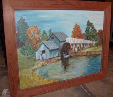 Signed Oil on Board of Cottage Scene: Signed "B. Paulson". There are a couple of small imperfections on painting. Painted on Masonite. 37 1/2"w x 29 1/2"h.
