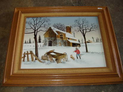 Signed Farm Scene Painting, Oil on Canvas: Man with dog approaching barn. Signed "H. Hargrove". 21 1/2"w x 17 1/2"h.