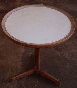 Denmark Small Lamp Table: Designed by Hans. C. Anderson. Shows some ware, damage to one foot. 14 1/2"dia x 17 1/2"h. Custom Crating & Shipping Available.