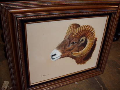 Signed Oil on Canvas Long Horn Sheep Painting: Signed S. Dunn. Needs to be cleaned on the left side of the top corner. There are a few drips or splatter's. It is not deterring from the intricate detail. 27 3/4"w x 23 1/2"h.