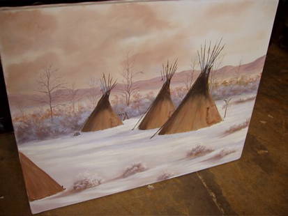Signed Oil on Canvas Painting of Teepee's: Indian Teepee scene in winter. Signed "Stephanie" 28"w x 22"h.