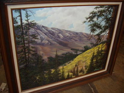 Signed Oil on Canvas Painting of Mountains: Beautiful Oil on canvas of Mountains and Aspen Trees. Signed "Stephanie 83". 34"w x 28"h.