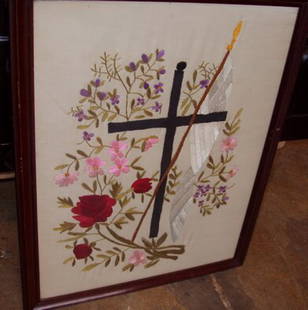 Embroidered Religious Scene Cross & Flowered: Original 15 1/2"w x 18 3/4"h.