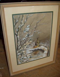Water Color Painting Bird in Winter Scene: Excellent detail. Painting by Sue Northington. Bird with Reflection in Water River Scene. 13"w x 16"h.
