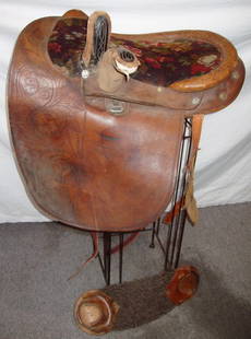 Hand Tooled Leather Horse Saddle: Unknown maker. Stamped S. & R. & J. P. C., No. 233