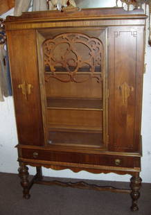 Antique Walnut Dining Room China Cabinet: "1930's Dining Room Walnut China Cabinet. 2 Oak Shelves with Key. Burl inserts. Oak lined Drawer. 41""w x 15 1/2""d x 65""h. This China Cabinet has matching Table, Buffet & Server. 