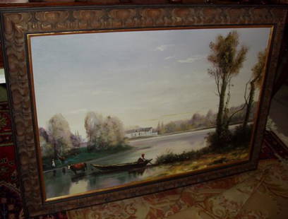 Painting Gilberts Vein of the Parasol Vine: Oil on canvas. Born 1940, Boston, Mass. Exhibited Art Student's League in NY. Exhibited Akwad. Needs restoration. There is a small tear on the bottom left side; right of the woman. 43"w x