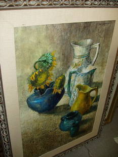 Painting Pitchers & Sunflowers Oil on Canvas: By Curt Frankenstein. The Vincent Price Collection No. 5036086. Group American. 32 3/4"w x 45 1/2"h.