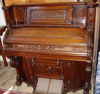 Victorian Burl Walnut Pump Organ: Burnett Organ Co. Plays and operates well. The bellows are strong and intact. Ivory keys. At one time, the organ had a mirrored top which is missing. Some small pieces of scroll & lattice