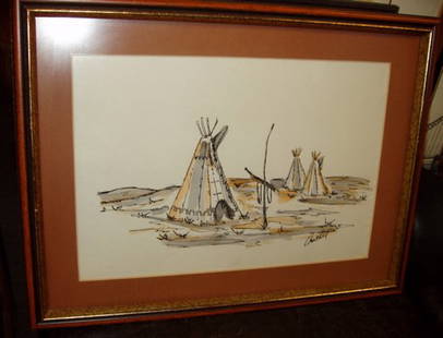 Indian Teepee Signed Churchill: 18"w x 13 1/2"h.