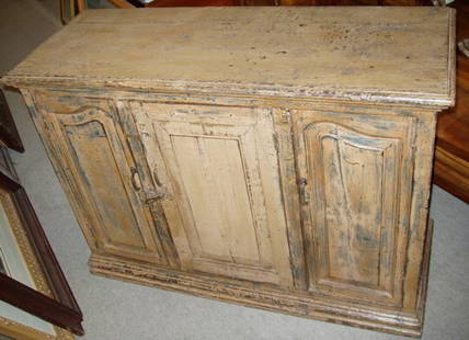 English Colonial Painted Low Sideboard: Much of the original paint is on the 3 doors. 39"w x 15"d x 28"h. Custom Crating & Shipping Available.