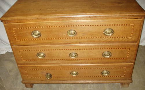 European Marquetry Inlay Oak Dresser: 3 Drawers with Marquetry Inlay front on sides. Extremely early. This piece does have age separation cracks. 43 1/2"w x 27"d x 31"h. Custom Crating & Shipping Available.