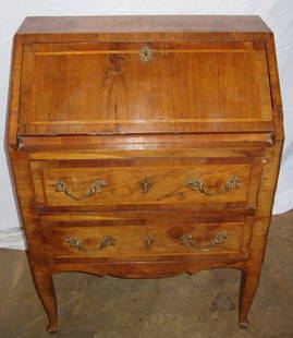 European Marquetry Inlay Drop Front Desk: Needs restoration, veneer chips and age separation cracks. I think the hardware has been changed. 26 1/2"w x 16"d x 36 3/4"h. Custom Crating & Shipping Available.