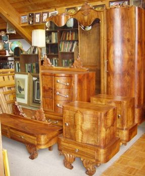Italian Burl Walnut Deco Style Bedroom Set: This set has been refinished. Queen or Full size bed (67"w x 61"h.). Armoire (78"w x 23"d x 85 1/2"h.). Dresser & Mirror (52"w x 25 1/2"d x 72 3/4"h.). Vanity & Mirror (47 1/2"w x 15 1/2"d x 54 3/4"h.