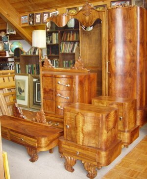 Italian Burl Walnut Deco Style Bedroom Set: This set has been refinished. Queen or Full size bed (67"w x 61"h.). Armoire (78"w x 23"d x 85 1/2"h.). Dresser & Mirror (52"w x 25 1/2"d x 72 3/4"h.). Vanity & Mirror (47 1/2"w x 15 1/2"d x 54 3/4"h.