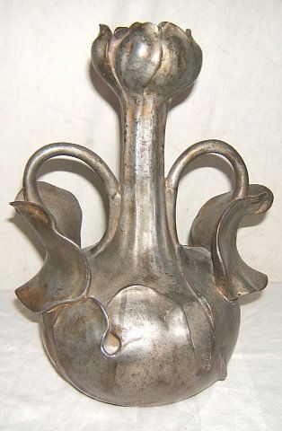 Antique French Bronze Vase J. Causse Art Nouveau: Beautiful Art Nouveau Vase Signed J. Causse. Lilly motif with flower mouth on long neck. Note: Julian Causse, Sculptor, Bord in Bourges. He exhibited at Paris Salon was a pupil of J.A. Falguiere 1831-