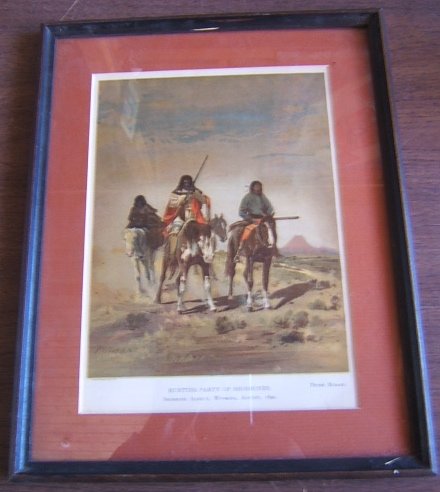 Indian Lithograph by Peter Moran: Artist: Peter Moran Ê(1841 - 1914). Titled: Hunting Party of Shoshones. Shoshone Agency, Wyoming, August 1890. Sackett & Wilhelms Litho. Co. NY. Frame shows wear. Approx. size of frame: 10 3/4" x 13