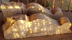 2 Italian Antique Marble Villa Corbels: Carrara Marble. 18th Century. Some chips and natural wear. Florence, Italy. These 2 pieces have excellent detail and has a lot of possibilities. 49"w x 7"d x 16"h