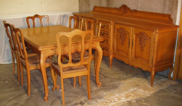 Belgium Oak Dining Room Set: Inlay table with refractory leaves. Table without leafs pulled out is 58 ½"w x 38 ½"d x 31" h. Table with leaves pulled out is 100 ½" long. Buffet - 98 3/4"w x 23"d x 46"h. 6 chairs - 18 1/2"w x 17