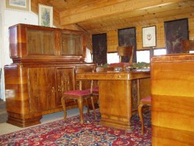 Italian Burl Walnut Dining Room Set: Italian Burl Walnut Dining Room Set. Table has pull-outs for leaves. Table is 62"w x 40 1/2"d x 32 1/2"h. 6 Chairs are 19 1/2"w x 20"d x 34"h. Sideboard with bevel mirror is 74"w x 22"d x 67 3/4"h. Ch