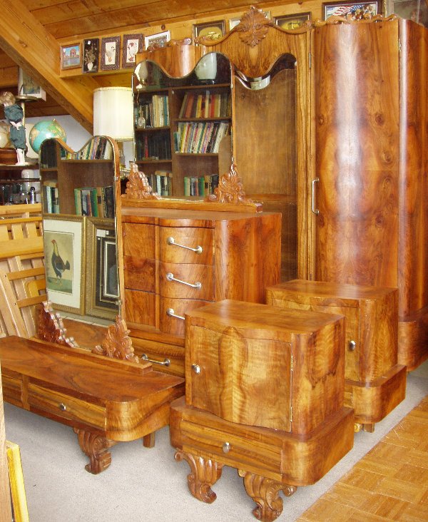 Italian Burl Walnut Deco Style Bedroom Set: This set has been refinished. Queen or Full size bed (67"w x 61"h.). Armoire (78"w x 23"d x 85 1/2"h.). Dresser & Mirror (52"w x 25 1/2"d x 72 3/4"h.). Vanity & Mirror (47 1/2"w x 15 1/2"d x 54 3/4"h.