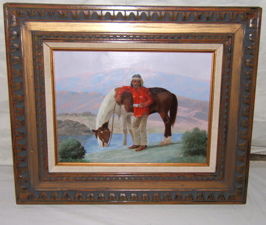 Indian Painting by Charles Damrow: Excellent detail painted on board. Indian on his horse. Beautiful vibrant colors. Approx. size: 24"w x 20"h.