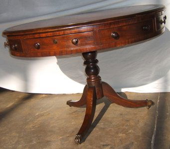 Antique Duncan Phyfe Leather Top Parlor Table: Antique Mahogany Duncan Phyfe Leather Top Parlor Table. Maybe earlier than listed. Shows wear as pictured. Some veneer pieces missing. The wood lock or key connecting the pedestal to the top has been