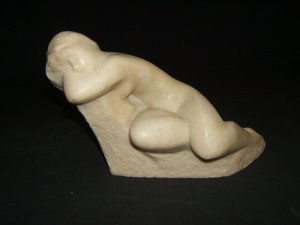 Awakining by Vincent Glinsky in Foundry Stone: Singed Vincent Glinsky. There is a mark with a "C" in a circle. There is a certificate of authenticity which reads: This will certify and warrant that "The Awakening" is an exclusively commissioned or