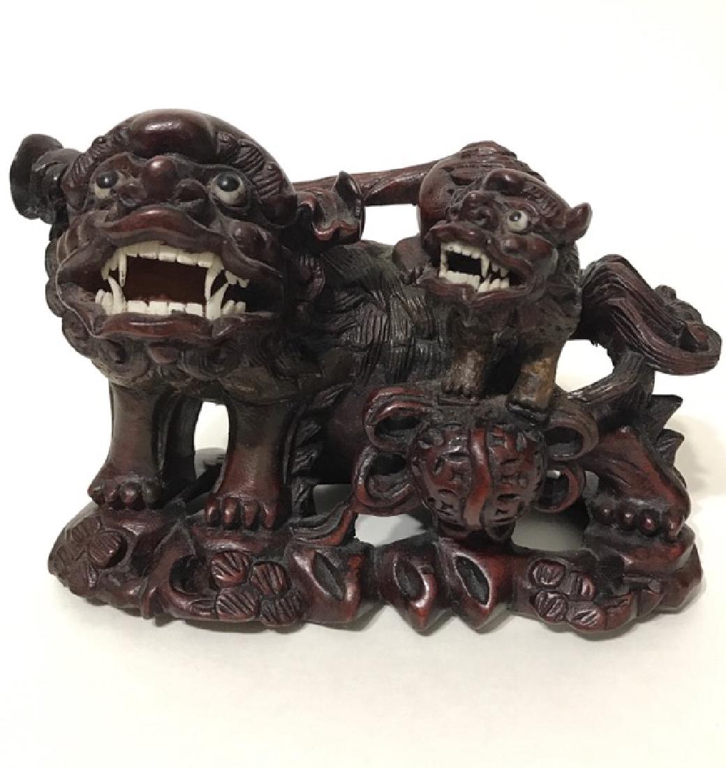 19th Century Hand Carved Temple Guardian FOO DOGS: Unbelievable Piece - Comes w/Acrylic Case as Pictured MUST SEE ALL PHOTOS TO APPRECIATE