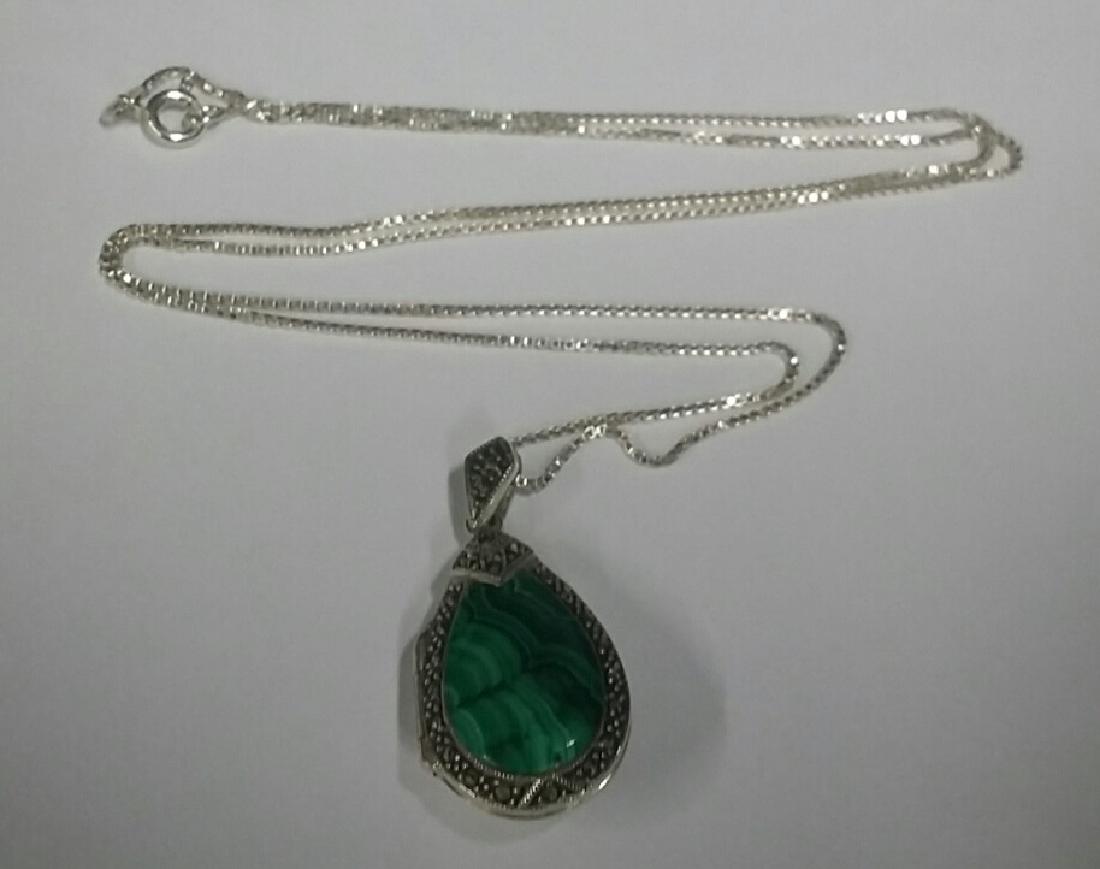 Sterling Silver Necklace & Malachite Pendant: With Marcasite Stones