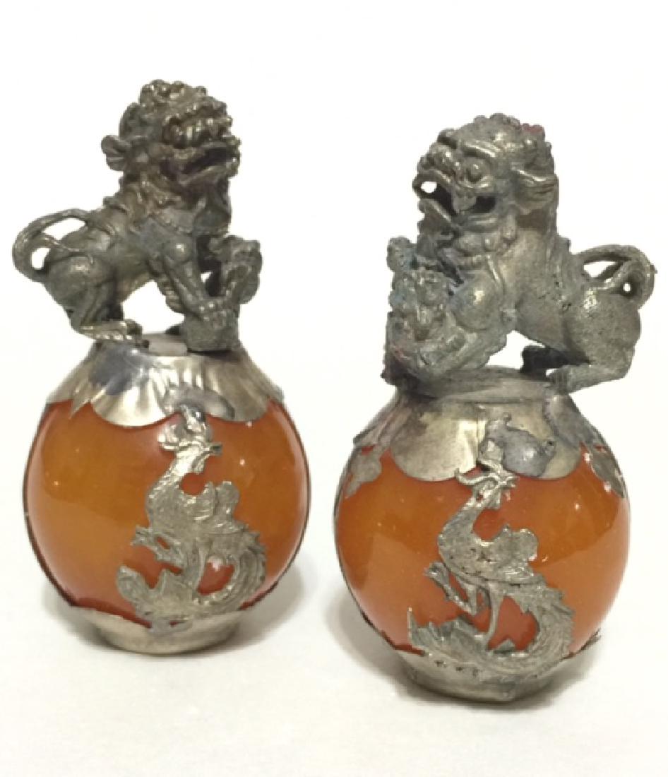 Chinese Folk Art Yellow Jade & Silver FOO DOGS (1 of 1)