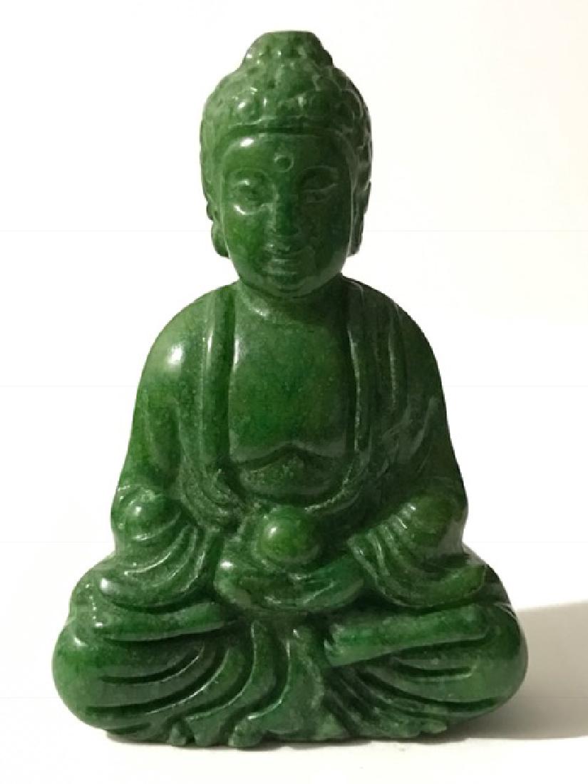 Vintage Carved Green Jade Seated Quan Yin Buddha: Ornate Green Jade Netsuke Size Seated Buddha